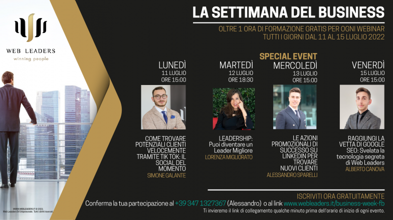 La settimana del business dal 11 luglio al 15 luglio, webinar gratuiti sul web marketing